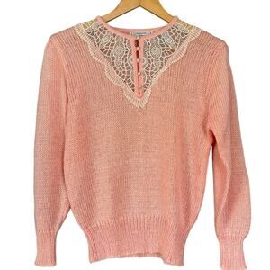 VINTAGE 1980’s Pink Sweater Coquette Pearl Beaded Fuzzy Lace Girly Soft Size M
